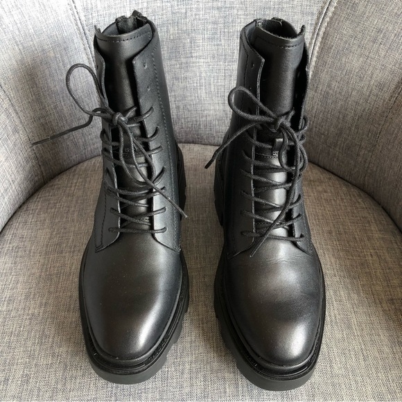 NWOT ASH Moody black leather lace up rear zipper chunky lug sole ankle boots 8 - Picture 3 of 15